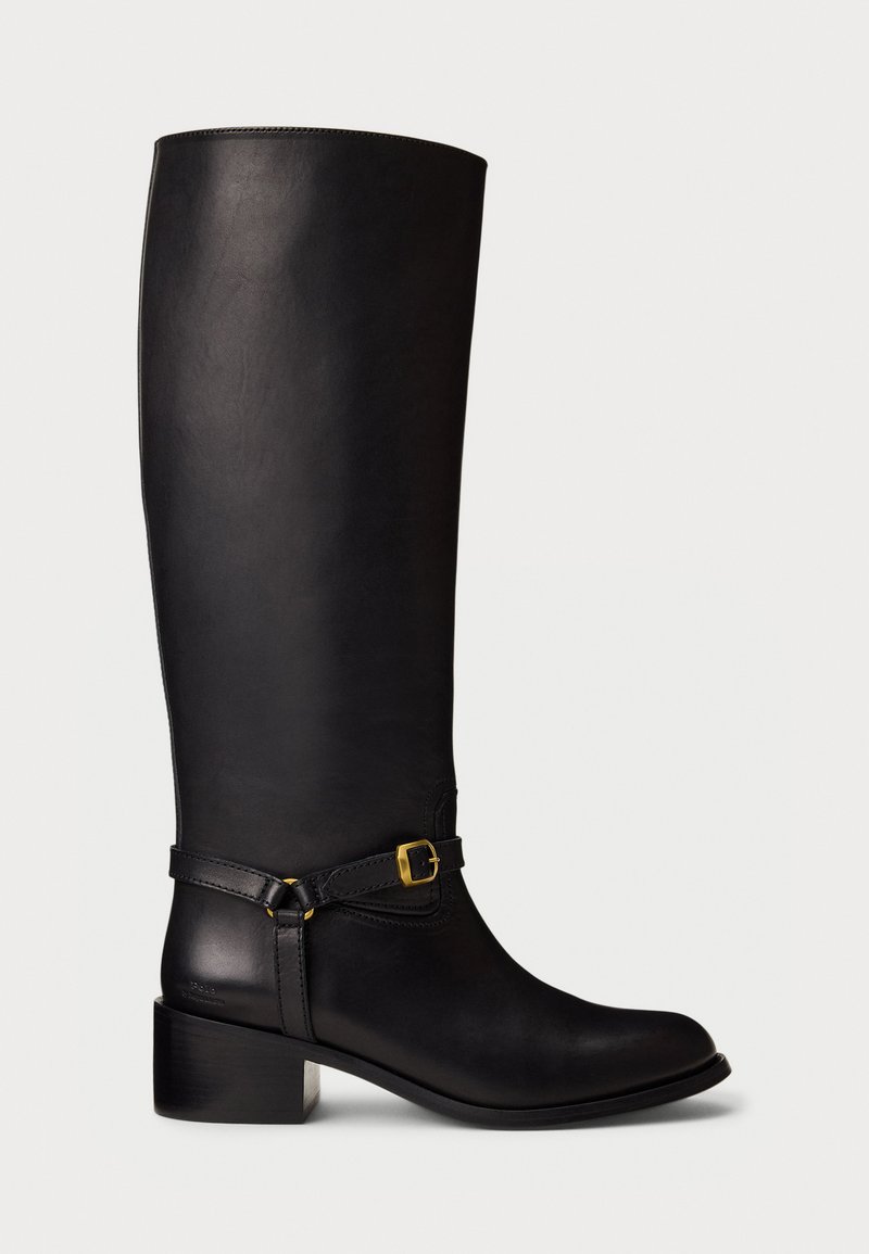 Black leather knee-high boot with low block heel and decorative strap featuring a small gold buckle on the ankle.