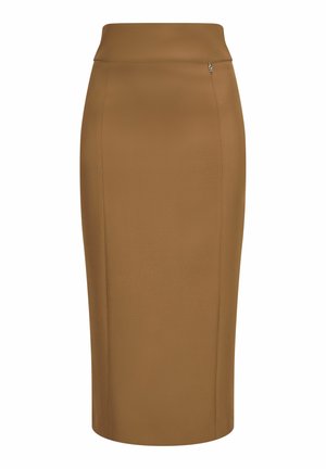 Bruine kokerrok van gladde stof, met een hoge tailleband en subtiele zijsrits. Eenvoudige, getailleerde silhouet.