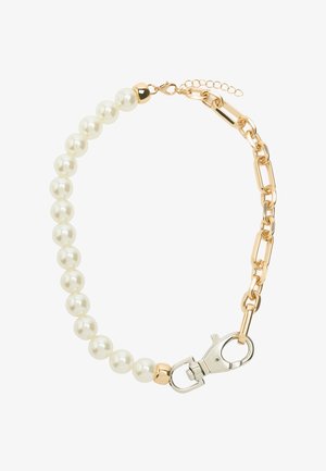 Bransoletka z pereł z białymi koralikami, złotymi akcentami i srebrnym zapięciem. Zawiera sekcję z złotych ogniw łańcucha oraz regulowany łańcuch.
