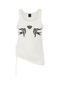 Top bianco senza maniche con disegni di rondini ricamati neri e un fiore. Presenta un taglio asimmetrico e lacci laterali regolabili. Tessuto liscio.
