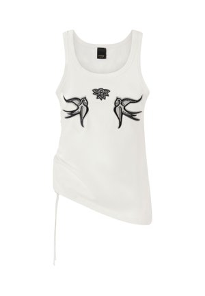 Bjela bezrukavna majica s crnim izvezenim dizajnom jata ptica i cvijetom. Ima asimetričan kroj i podesive bočne vezice. Glatka tekstura.