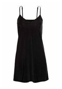 Vestido negro de tirantes ajustables finos, con encaje en el escote, tejido suave, silueta en A, textura lisa, de largo hasta la rodilla.