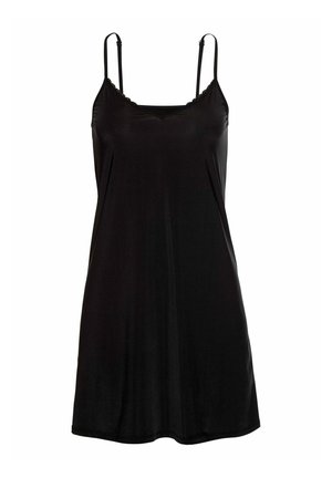 Zwarte slipdress met dunne verstelbare bandjes, kantafwerking langs de halslijn, zachte stof, A-lijn silhouet, gladde textuur, knie-lange lengte.