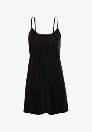 Schwarzes Slipkleid mit dünnen verstellbaren Trägern, Spitzenbesatz entlang des Ausschnitts, weicher Stoff, A-Linie-Silhouette, glatte Textur, knielang.