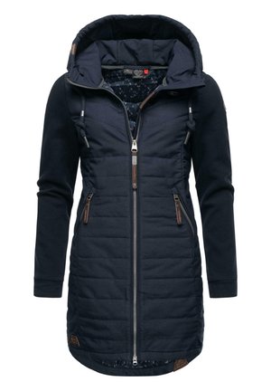 Navy blue hooded jacket with a quilted design, front zipper, two zippered pockets, and brown accents. Features a patterned interior lining.