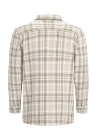 Langarm geruite shirt in beige en grijstinten met een button-down kraag en enkele knoopmanchetten. Zachte stof met een ruitpatroon.