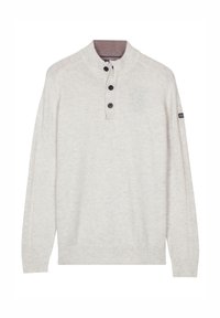 Lichtbeige gebreid trui met lange mouwen, met een geribbelde kraag en manchetten, drie donkere knopen bij de hals en een klein stoffen logo op de mouw.