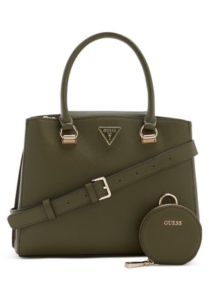 Torebka Guess w oliwkowej zieleni, z górnymi uchwytami, regulowanym paskiem na ramię oraz pasującą okrągłą portmonetką, ozdobiona złotym metalowym wykończeniem.