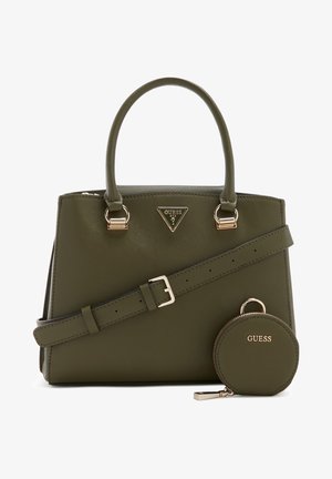 Sac à main Guess vert olive avec poignées supérieures, une bandoulière ajustable et une pochette assortie ronde pour pièces, avec des garnitures en métal doré.