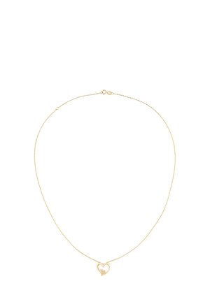 Halskette in Goldfarbe mit einer zarten Kette und einem herzförmigen Anhänger. Der Anhänger ist mit einem Diamantakzent versehen, der das elegante Design unterstreicht.