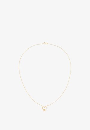 Gold-tone necklace with a delicate chain and a heart-shaped pendant. The pendant features a diamond accent, emphasizing its elegant design.
