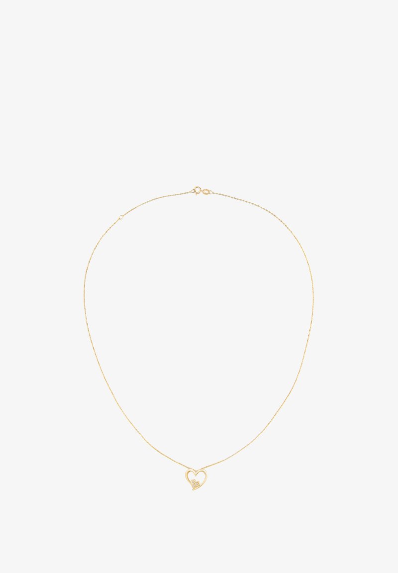 Guldtonet halskæde med en delikat kæde og en hjerteformet vedhæng. Vedhænget har en diamantaccent, som understreger dets elegante design.