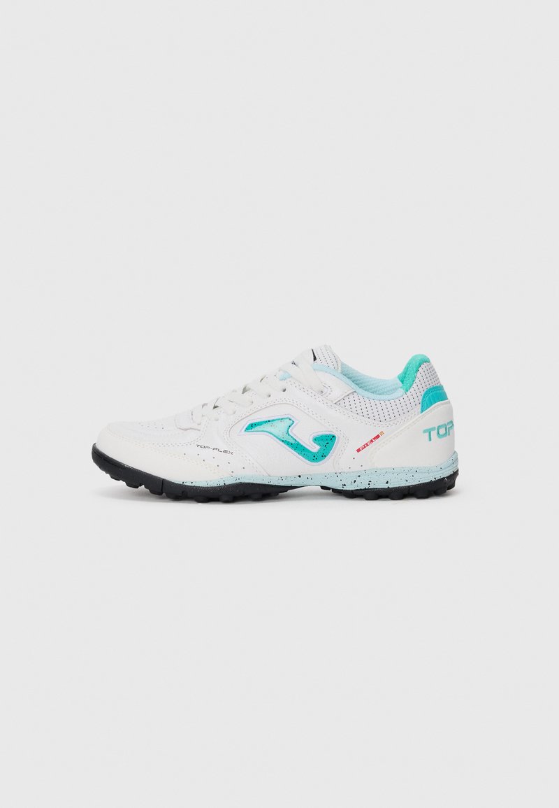 White athletic shoe with turquoise accents, perforated design, and black rubber sole featuring a speckled pattern. Side logo visible.