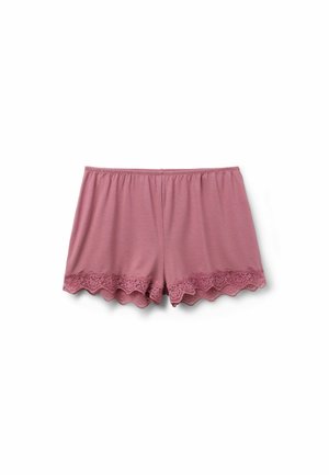 Weiche rosa Damen-Shorts mit elastischem Bund und gewelltem Spitzenbesatz entlang der Beinöffnungen, vor weißem Hintergrund dargestellt.