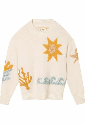 Cream sweater with ribbed neckline and cuffs, featuring yellow sun, blue waves, and coral patterns in a textured knit design.