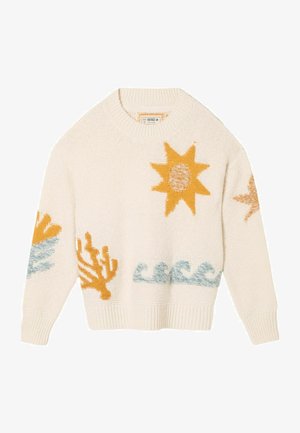 Cream sweater with ribbed neckline and cuffs, featuring yellow sun, blue waves, and coral patterns in a textured knit design.