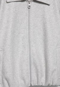 Jasnoszara bluza polarowa z srebrnym zamkiem błyskawicznym z przodu i dwoma naszywanymi kieszeniami po bokach, z kołnierzem i elastycznym obszyciem na dole.