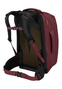 Sac à dos bordeaux et noir avec des sangles rembourrées, un dos en mesh pour le soutien, des boucles ajustables et une poche latérale pour le rangement.
