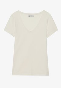 T-shirt blanc à manches courtes avec un col en V profond. Fabriqué en coton doux, il présente un design simple et un ourlet droit. Étiquette : Anna Field.