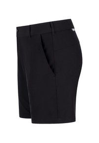 Schwarze Shorts aus leichtem Material, mit geradem Schnitt, mittelhoher Taille, frontalen Taschen und einem dezenten seitlichen Markenetikett.