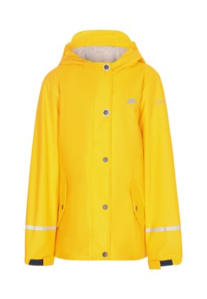 Żółta wodoodporna kurtka z kapturem, z srebrnymi akcentami, odblaskowymi paskami na rękawach i zatrzaskami z przodu.