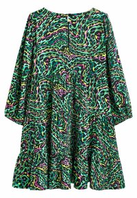 Barevné šaty s dlouhým rukávem a vířivým vzorem v zelené, černé, růžové a žluté barvě; vrstvený volánkový lem; uzávěr ve tvaru klíčové dírky na zádech.