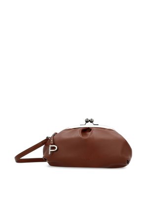 Soft brown leather clutch purse with silver clasp closure and wrist strap, embossed brand name, set against a white background.