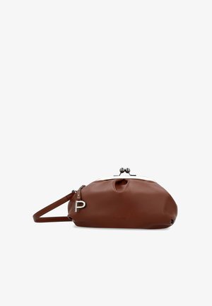 Soft brown leather clutch purse with silver clasp closure and wrist strap, embossed brand name, set against a white background.