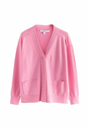 Rosa Strickjacke aus weichem Strickstoff, mit V-Ausschnitt, langen Ärmeln, zwei vorderen Taschen und einer Knopfleiste vorne.