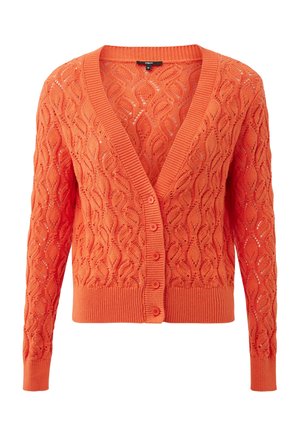 Oranje gebreid vest met lange mouwen, knoopsluiting aan de voorkant en een geperforeerd bladpatroon.