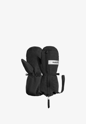 Mittens neri con superficie texturizzata, polsini elastici e apertura con zip; presentano una piccola patch con logo e una cinghia regolabile.