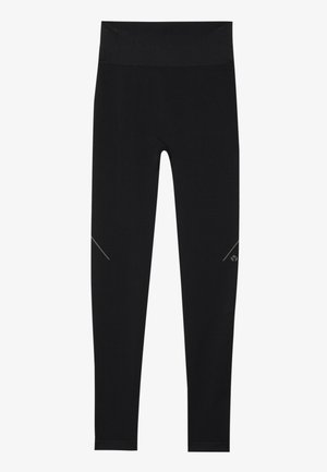 Leggings pretos feitos de tecido elástico com uma textura suave. Apresentam uma cintura alta e detalhes refletivos nas laterais.