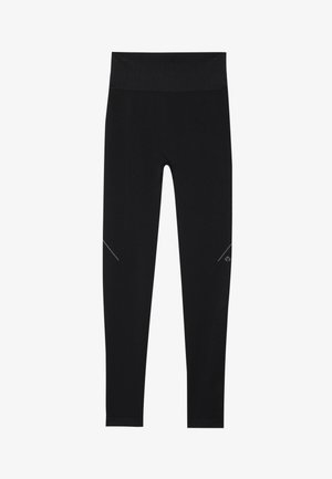 Musta leggingit, jotka on valmistettu joustavasta kankaasta ja joissa on sileä pinta. Korkea vyötärö ja heijastavat yksityiskohdat sivuilla.