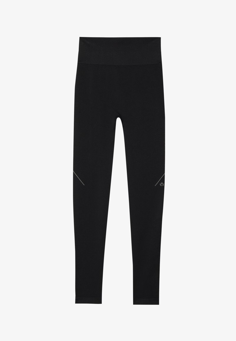 Leggings negre dintr-un material elastic cu o textură netedă. Caracteristici include un talie înaltă și accente reflectorizante pe laterale.