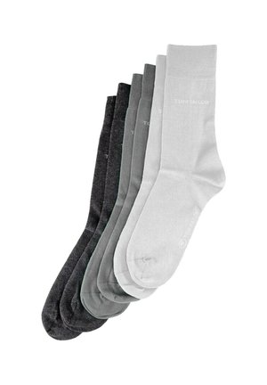 Sechserpack Socken in verschiedenen Schattierungen: dunkelgrau, hellgrau und weiß. Hergestellt aus glattem Material, mit gedrucktem Markenlogo auf jedem Paar.