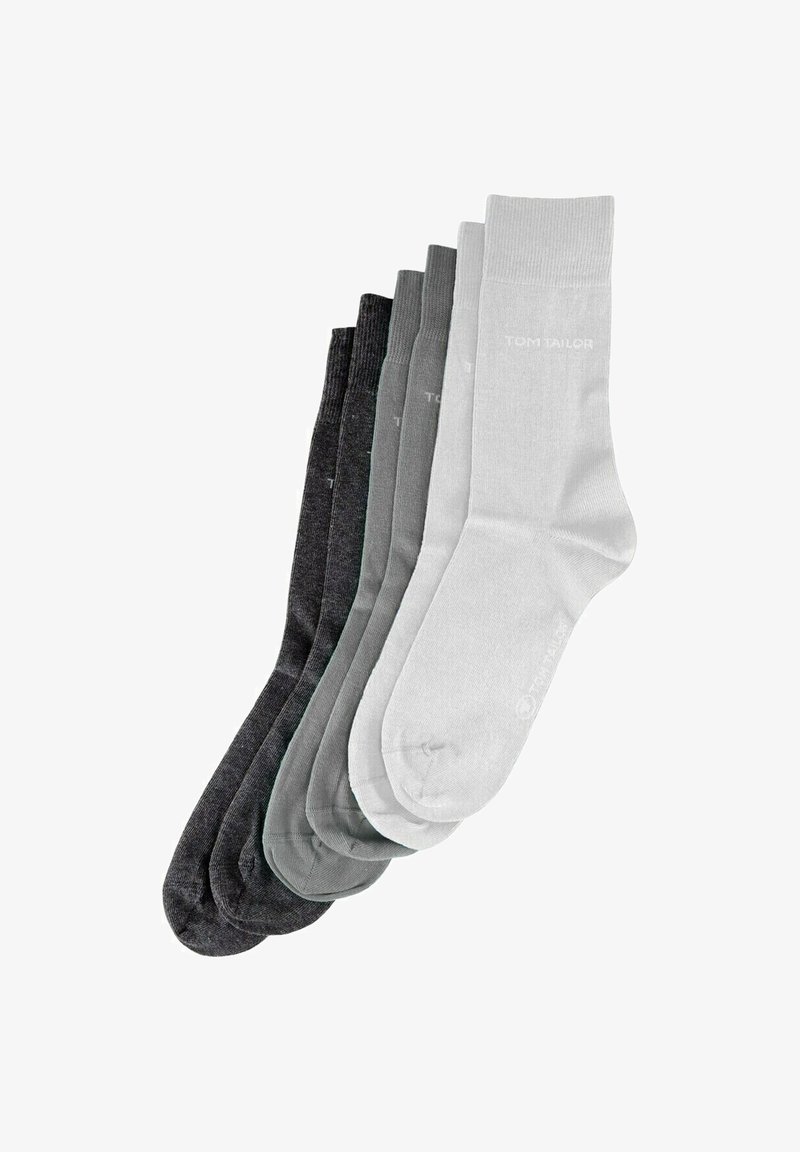 Sechserpack Socken in verschiedenen Schattierungen: dunkelgrau, hellgrau und weiß. Hergestellt aus glattem Material, mit gedrucktem Markenlogo auf jedem Paar.