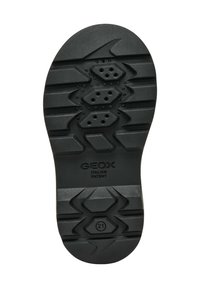 Sola in gomma nera con un motivo di battistrada che presenta accentuazioni esagonali e curvate, fori di ventilazione e marchio in rilievo "GEOX ITALIAN PATENT."