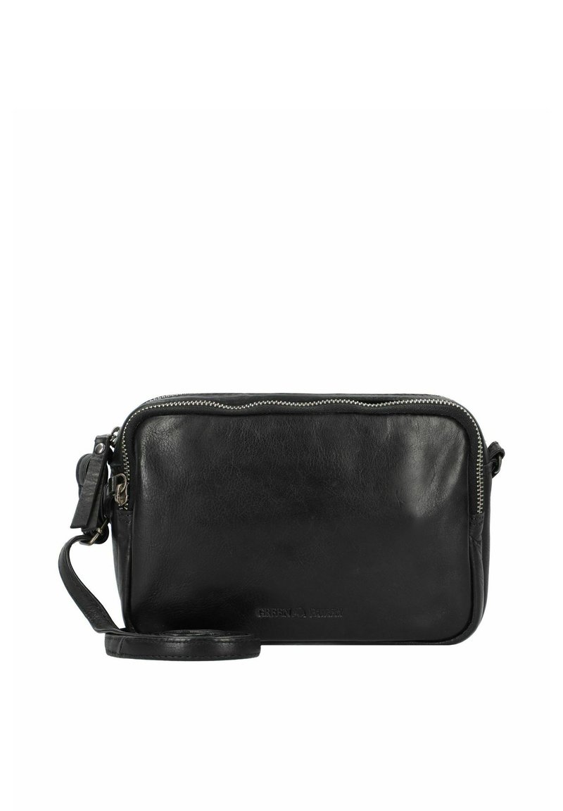 Borsa a tracolla nera in pelle con chiusura a zip, tracolla rimovibile, texture liscia e un marchio discreto sulla parte frontale.