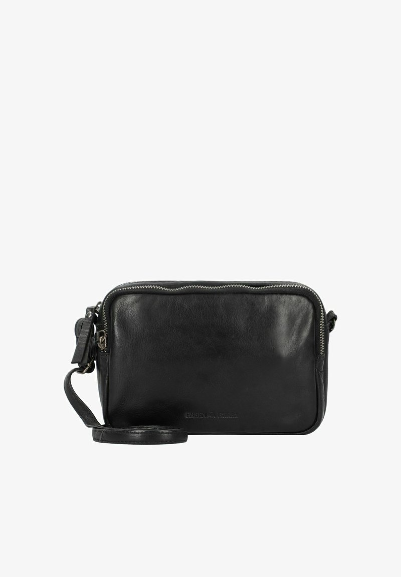 Borsa a tracolla nera in pelle con chiusura a zip, tracolla rimovibile, texture liscia e un marchio discreto sulla parte frontale.