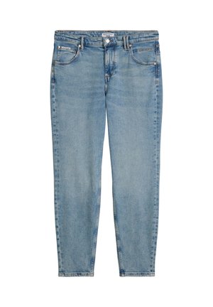 Hellblaue Jeans aus Denim mit klassischem Fünf-Taschen-Design, Gürtelschlaufen und vorderer Knopfleiste, flach auf weißem Hintergrund präsentiert.