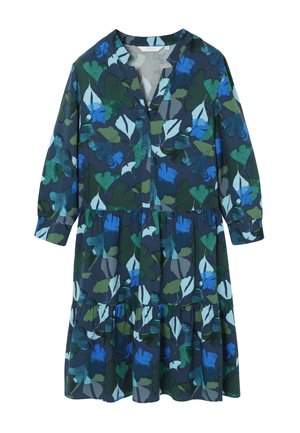 Langærmet navyblå kjole med lagdelt nederdel, V-hals og abstrakt mønster af blå og grønne blade.