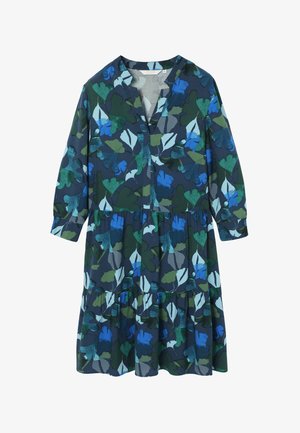 Langærmet navyblå kjole med lagdelt nederdel, V-hals og abstrakt mønster af blå og grønne blade.