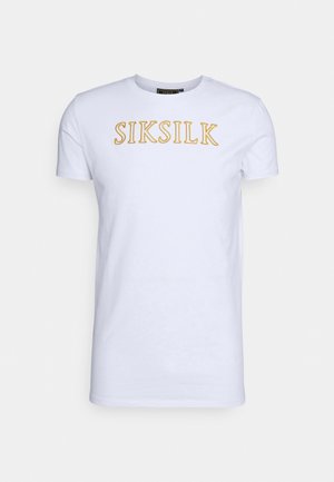 Witte katoenen T-shirt met gouden geborduurde "SIKSILK" tekst aan de voorkant. Korte mouwen en een klassiek ronde hals ontwerp.