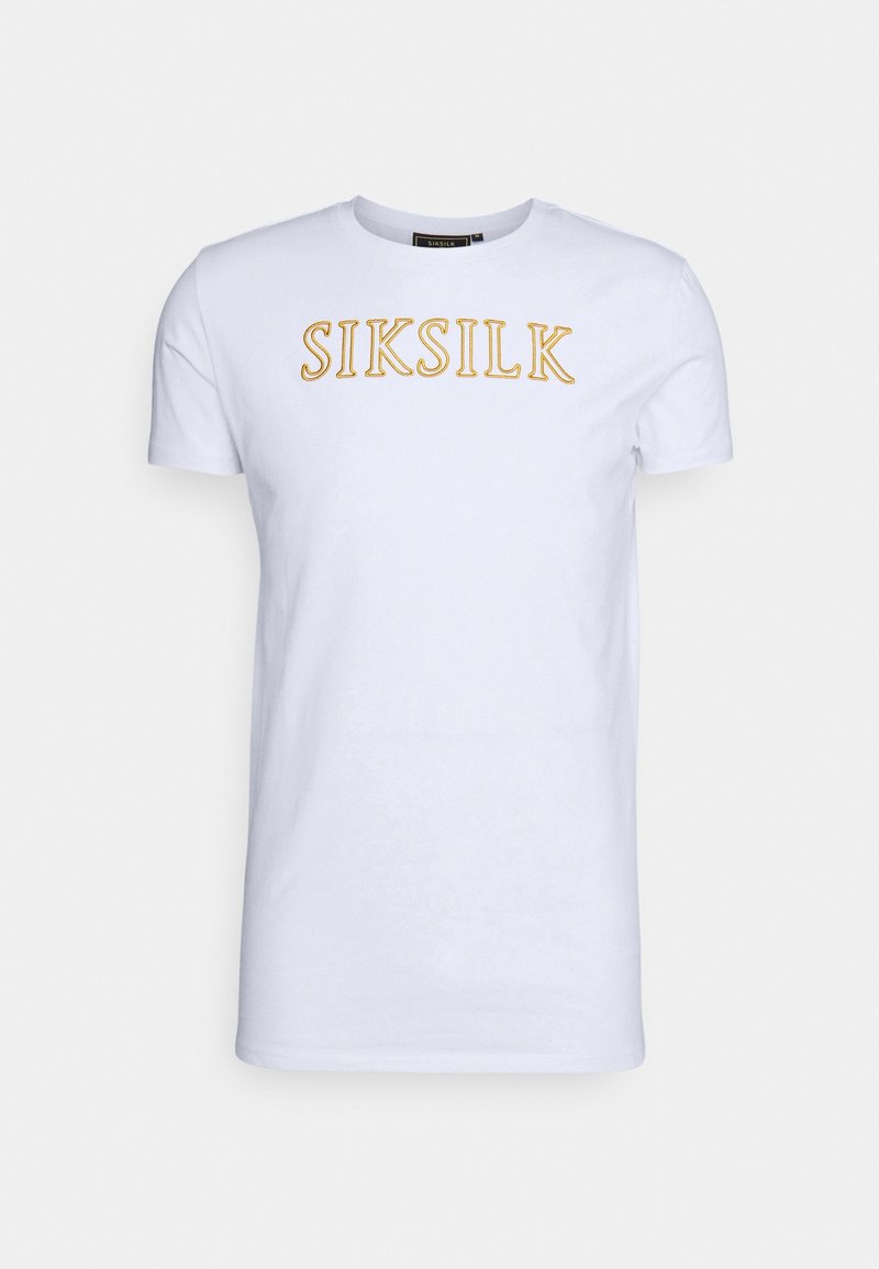 Vit bomull T-shirt som har guld broderad text "SIKSILK" på framsidan. Kortärmad och med klassisk rund halsdesign.