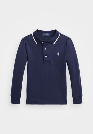 Navy long-sleeve polo shirt made of cotton, featuring a contrasting white collar, three-button placket, and small embroidered logo on chest.
