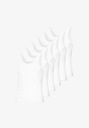 White tank tops arranged in a row. Each has a scoop neckline, sleeveless design, and a soft fabric texture. Uniform shape and color.