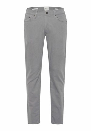 Gray trousers made of cotton blend fabric. Featuring five pockets, a zip fly, and a smooth finish with subtle stitching details.