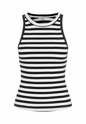 Melnbaltu striped tank top ar pieguļošu dizainu, apaļu kakla izgriezumu un ribotu tekstūru. Iezīmes kontrastējošas malas gar kakla izgriezumu un roku caurumiem.