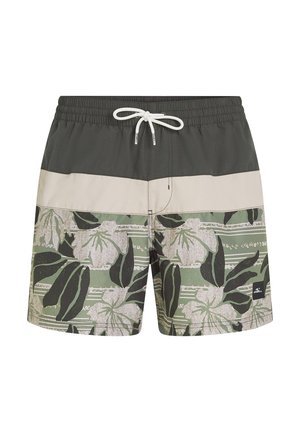 Vyrų maudymosi šortai žalia, smėlio ir juoda spalvomis. Dėl gėlių rašto ir juostelių, su elastinga juosmens juosta ir balta virvute.