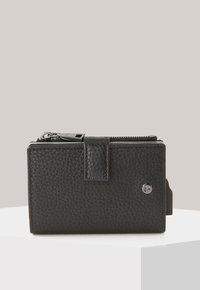 Black leather wallet with a textured finish, featuring a zippered top, snap closure, and metal accent near the bottom right corner.